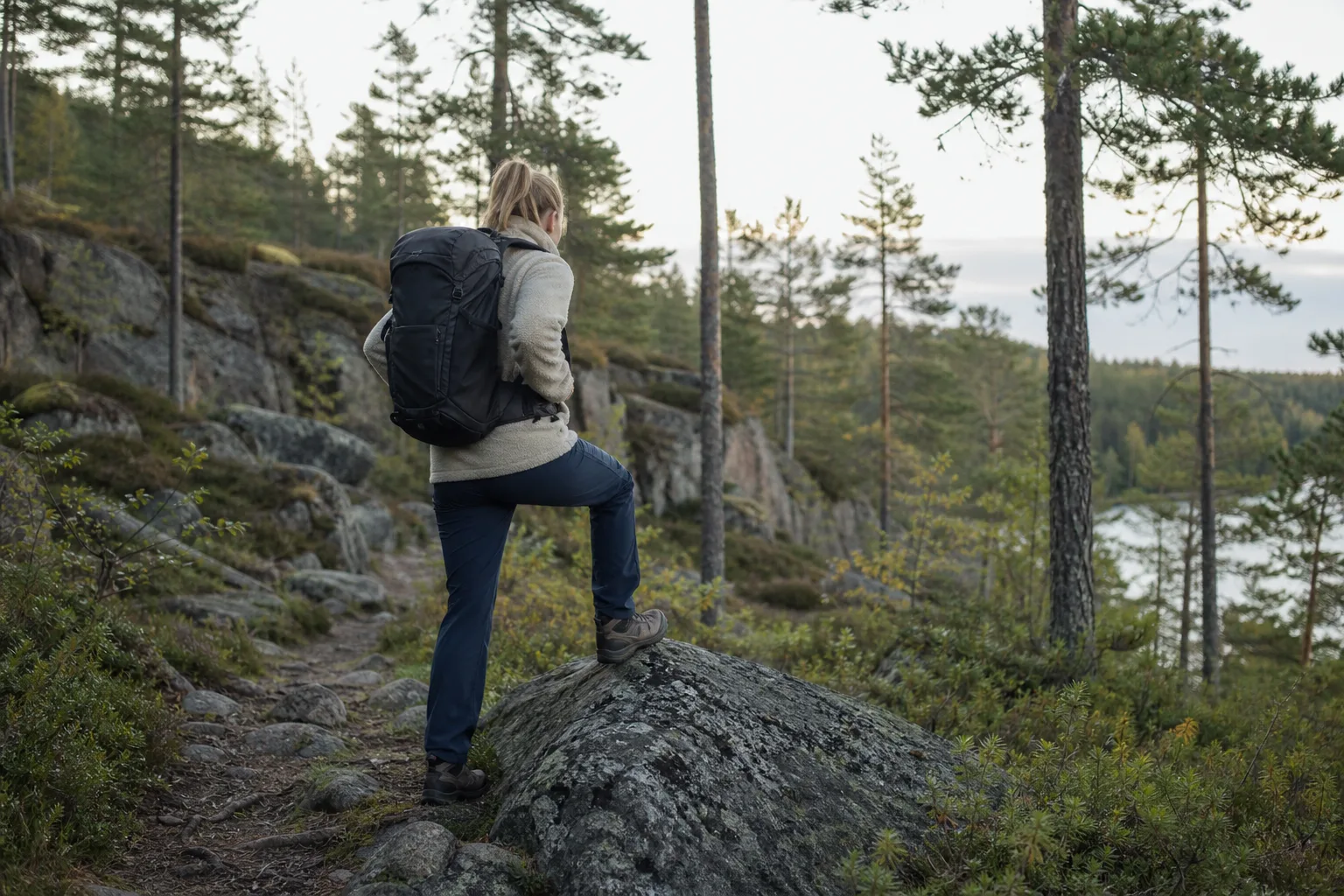 Kvinna i vandringsbyxor och ryggsäck testar rörligheten genom att kliva upp på en sten på en stig