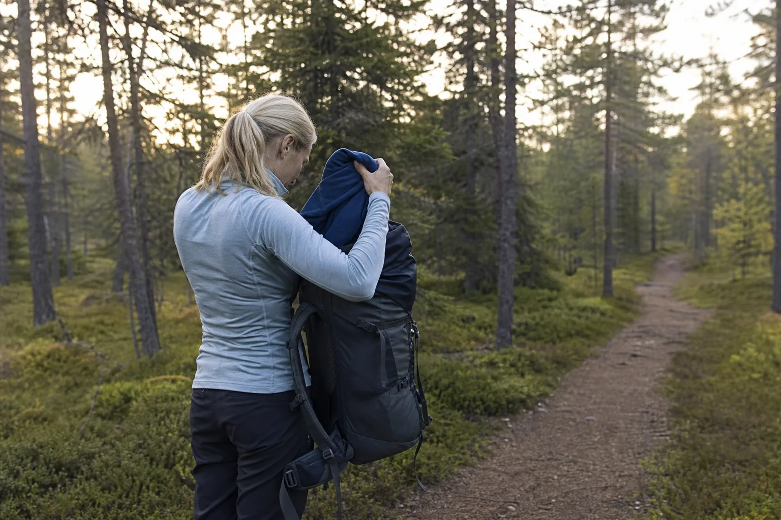 Vandrare tar av sig en mellanlagerjacka på en stig och packar ner den i ryggsäcken