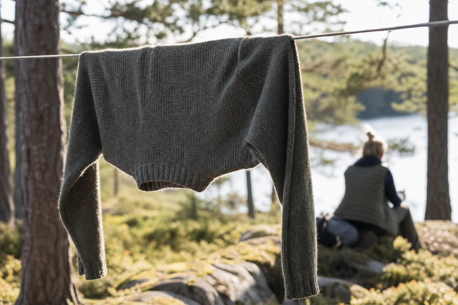 Närbild på en stickad merinoulltröja med synlig fiberstruktur, hängande att vädras utomhus