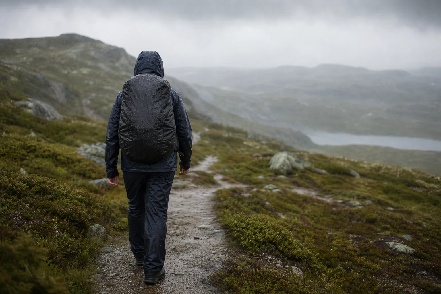 Vandrare i regnjacka med huva på en stig i regn, ryggsäck täckt med regnskydd