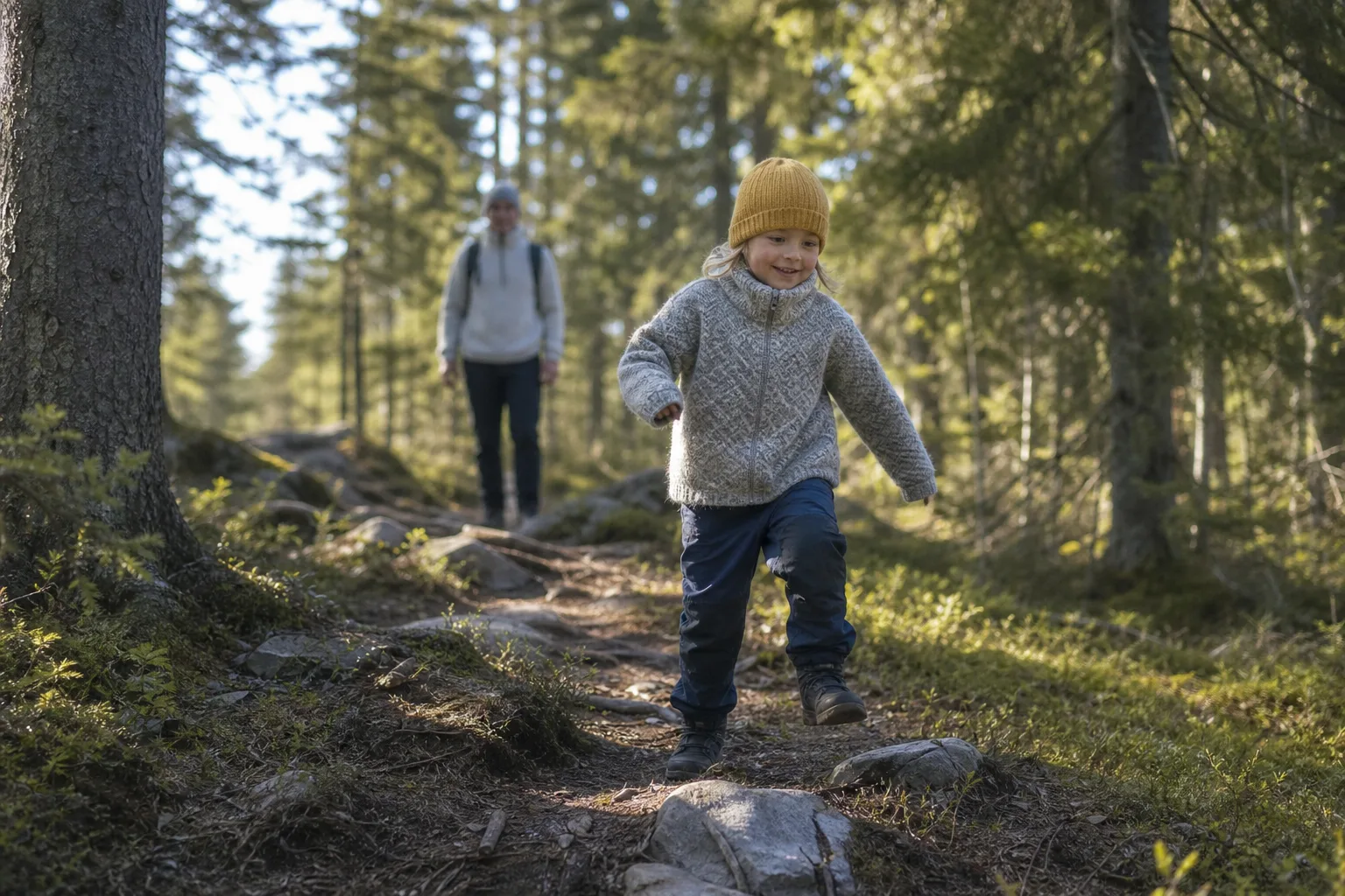Barn i ullmössa och mellanlager leker på en stig i skogen, en vuxen syns i bakgrunden