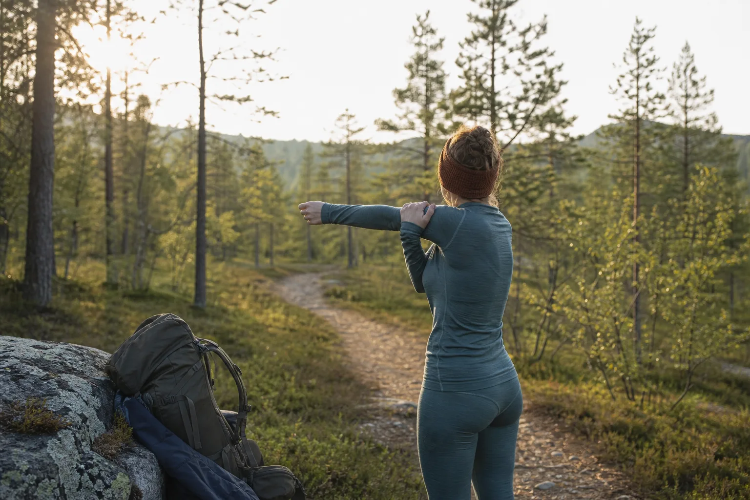 Vandrare provar rörlighet i ett merinounderställ genom att sträcka armarna innan mellanlagret tas på