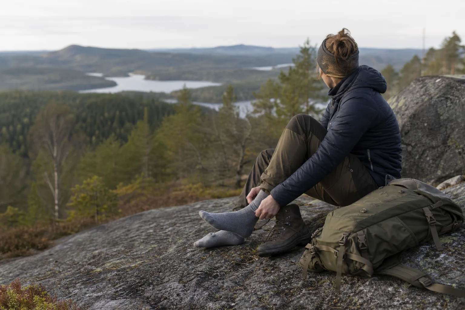 Vandrare drar på sig en ullstrumpa innan kängan tas på, sittande på en sten vid en rast