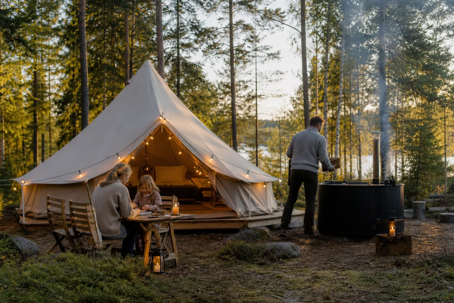 Familj utanför inrett glampingtält i skogsmiljö en solig sommardag