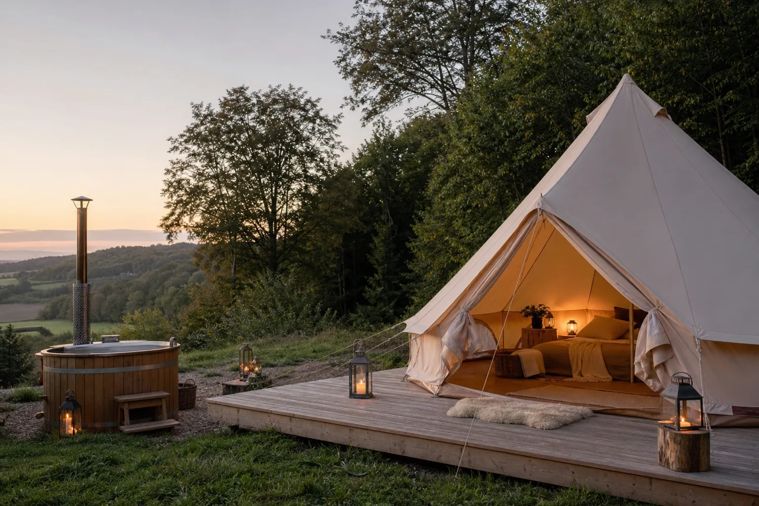 Glampingtält i kuperat skånskt landskap med bokskog i bakgrunden
