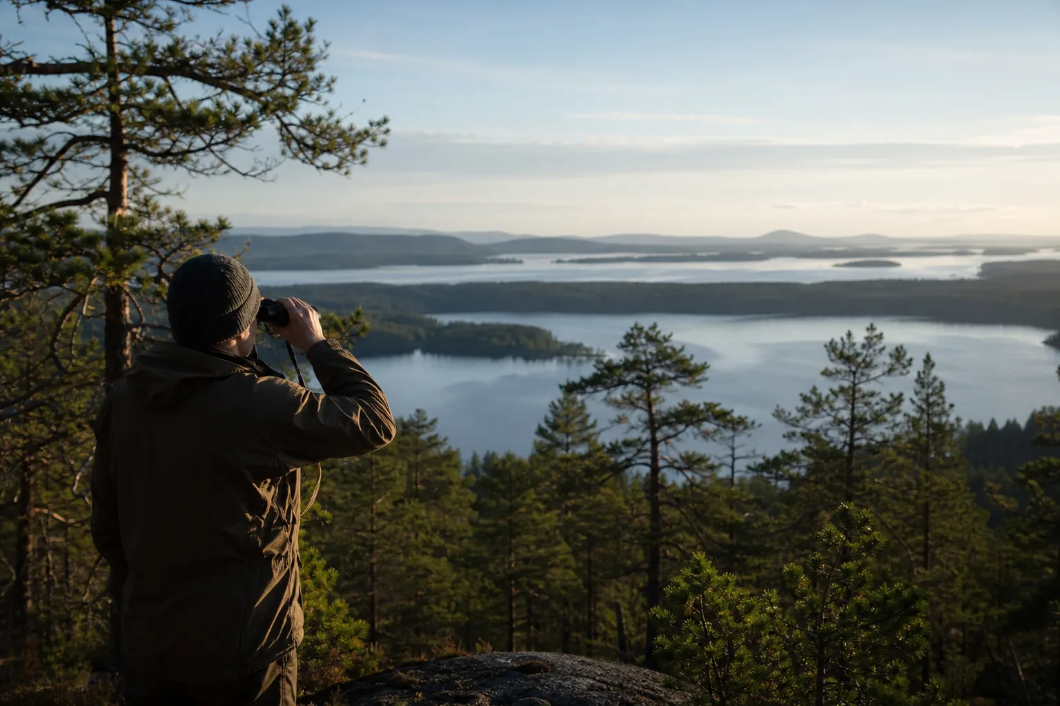 Kikare i handen med utsikt över skogslandskap och sjö i morgonljus
