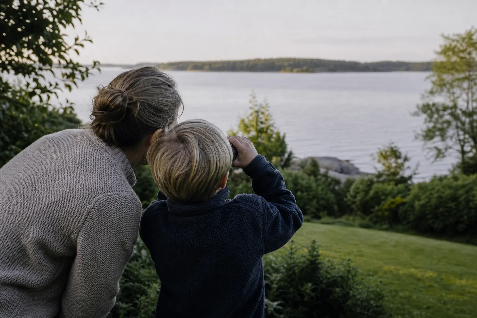 Barn och vuxen tittar tillsammans genom en lätt kikare i trädgården