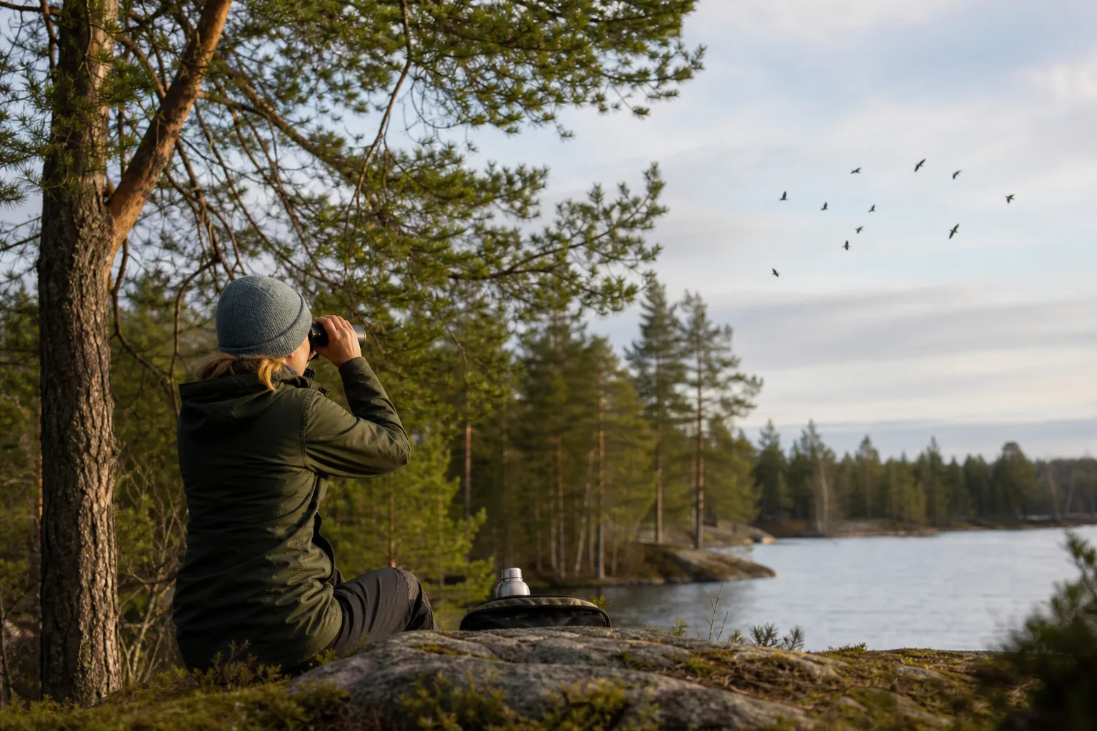 Person tittar genom kikare mot fåglar i trädtopparna vid en sjö