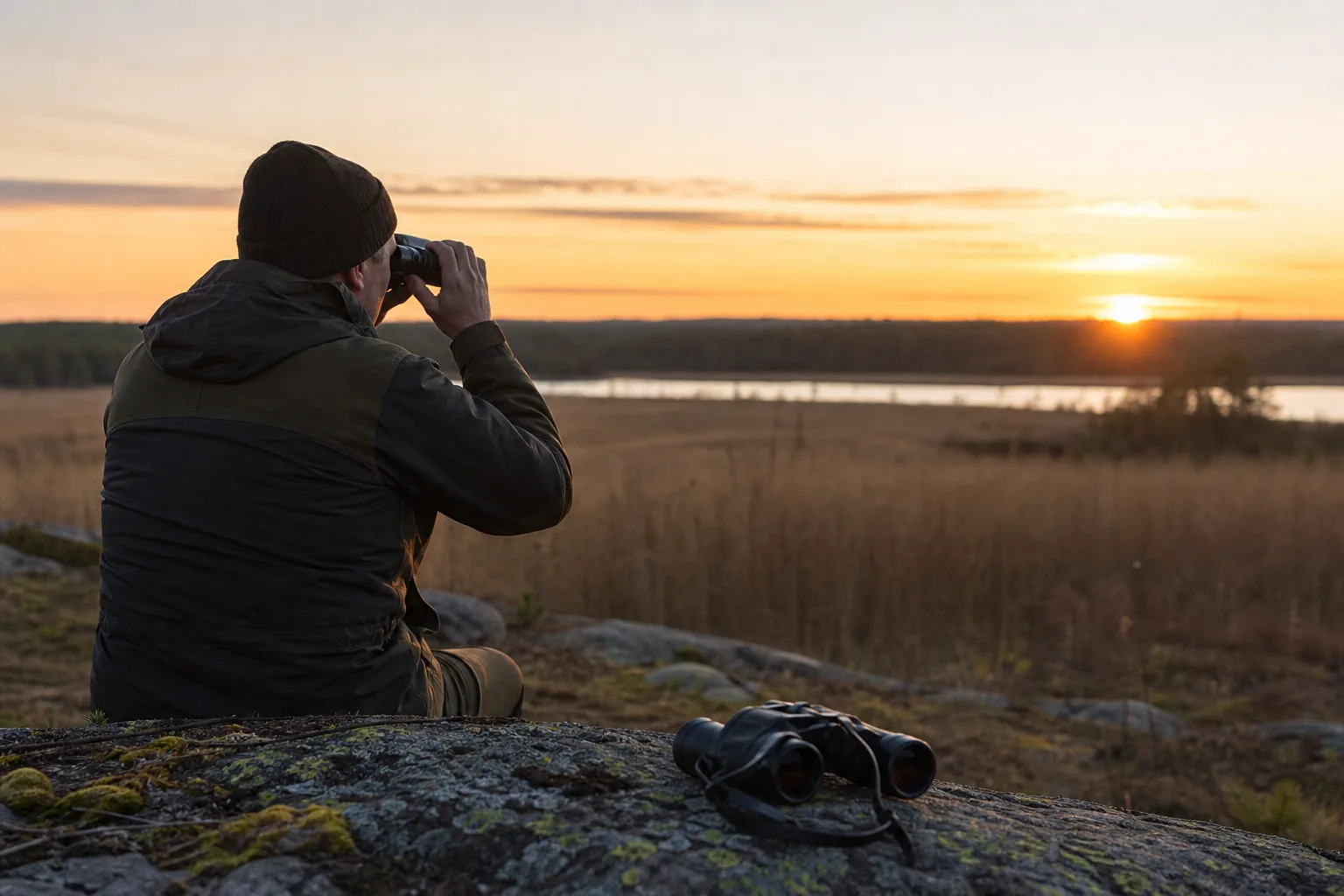 Jägare speja med kikare över öppen mark i gryningsljus