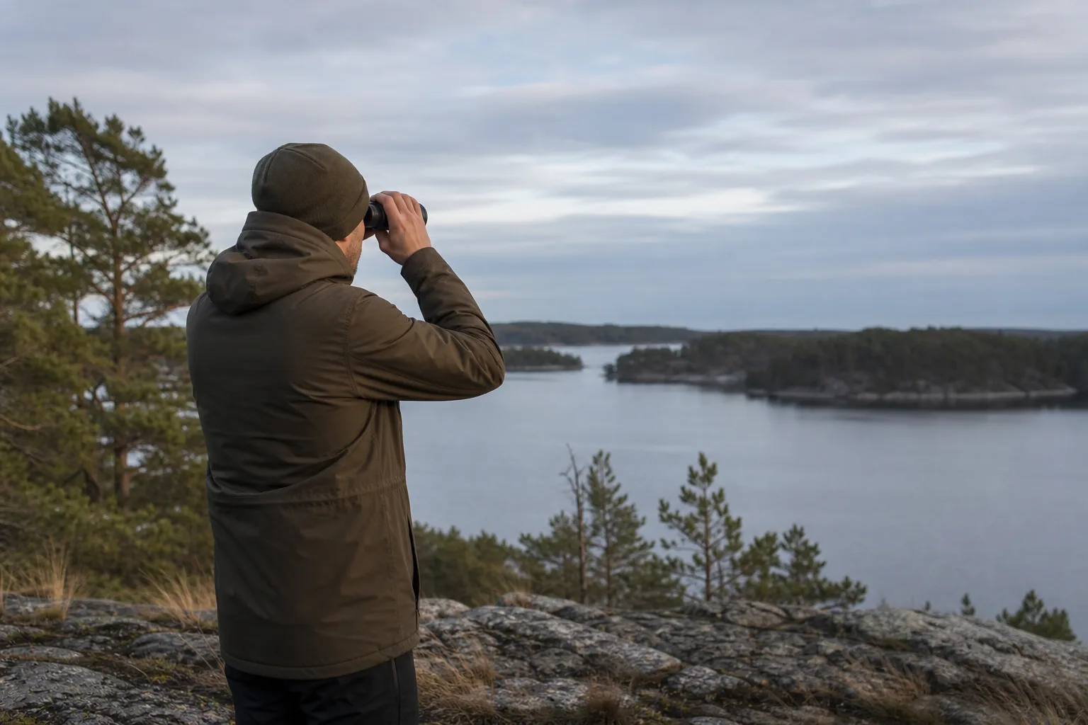 Kikare med inbyggd avståndsmätare riktad mot öppen terräng