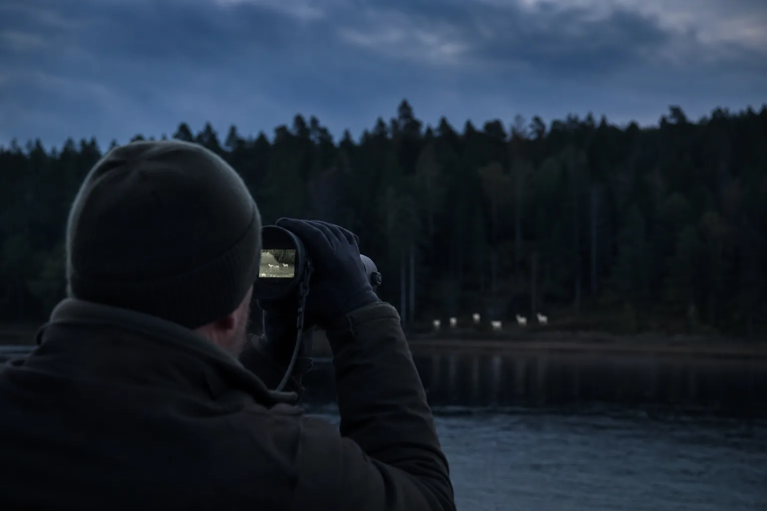 Handhållen termisk kikare riktad mot skogsbryn i mörker