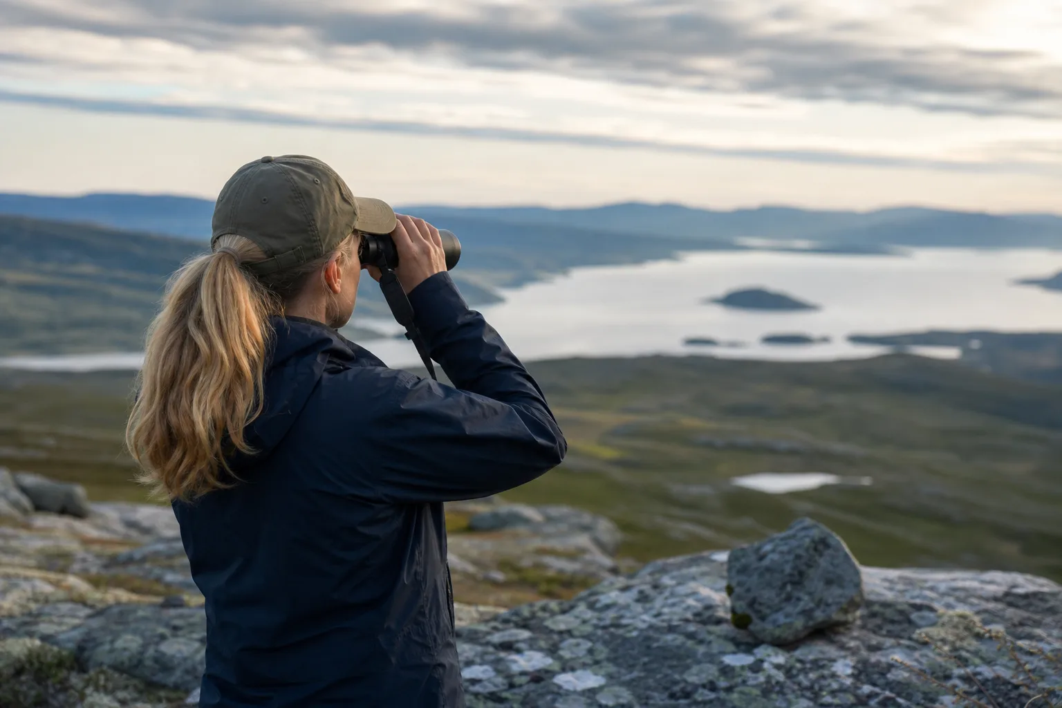 Person håller en handkikare och siktar ut över ett landskap