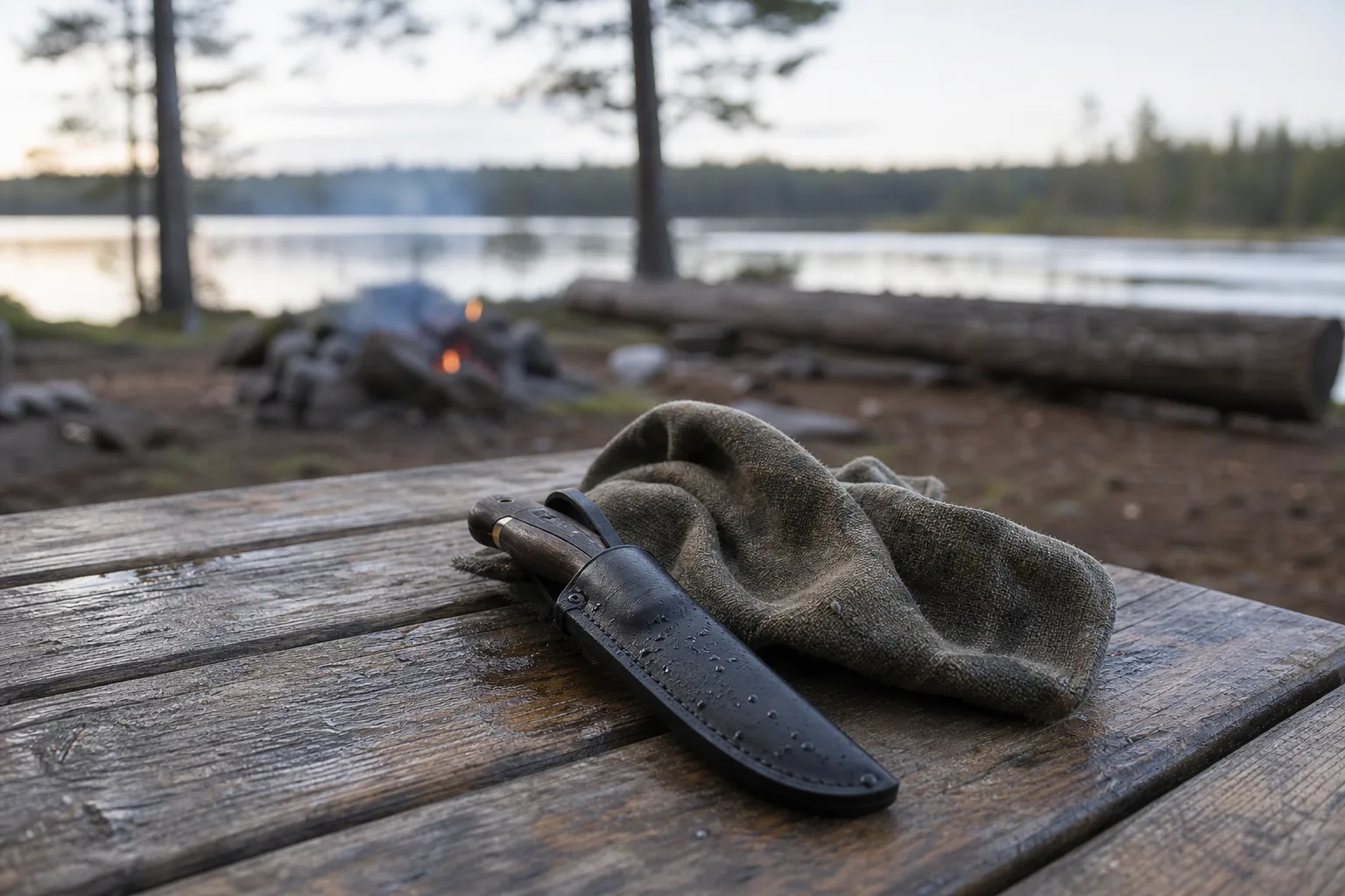 Friluftskniv och en trasa läggs upp för torkning på ett lägerbord utomhus, ingen person i bild