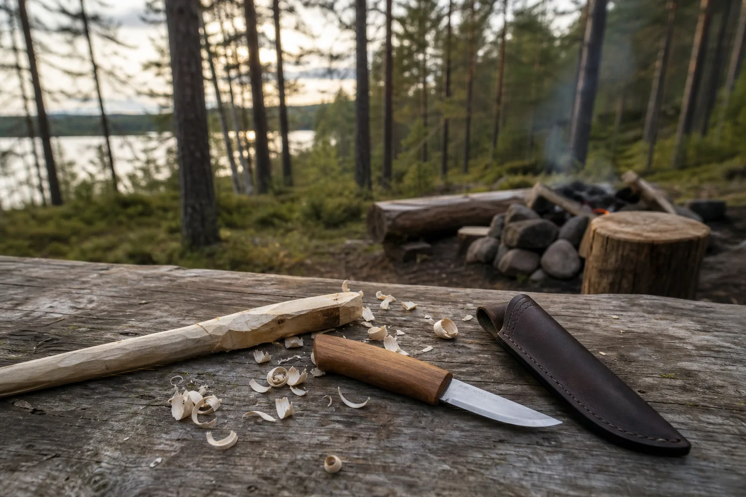 Täljkniv med slida liggande bredvid en träbit på ett lägerbord i skogsmiljö, ingen person i bild