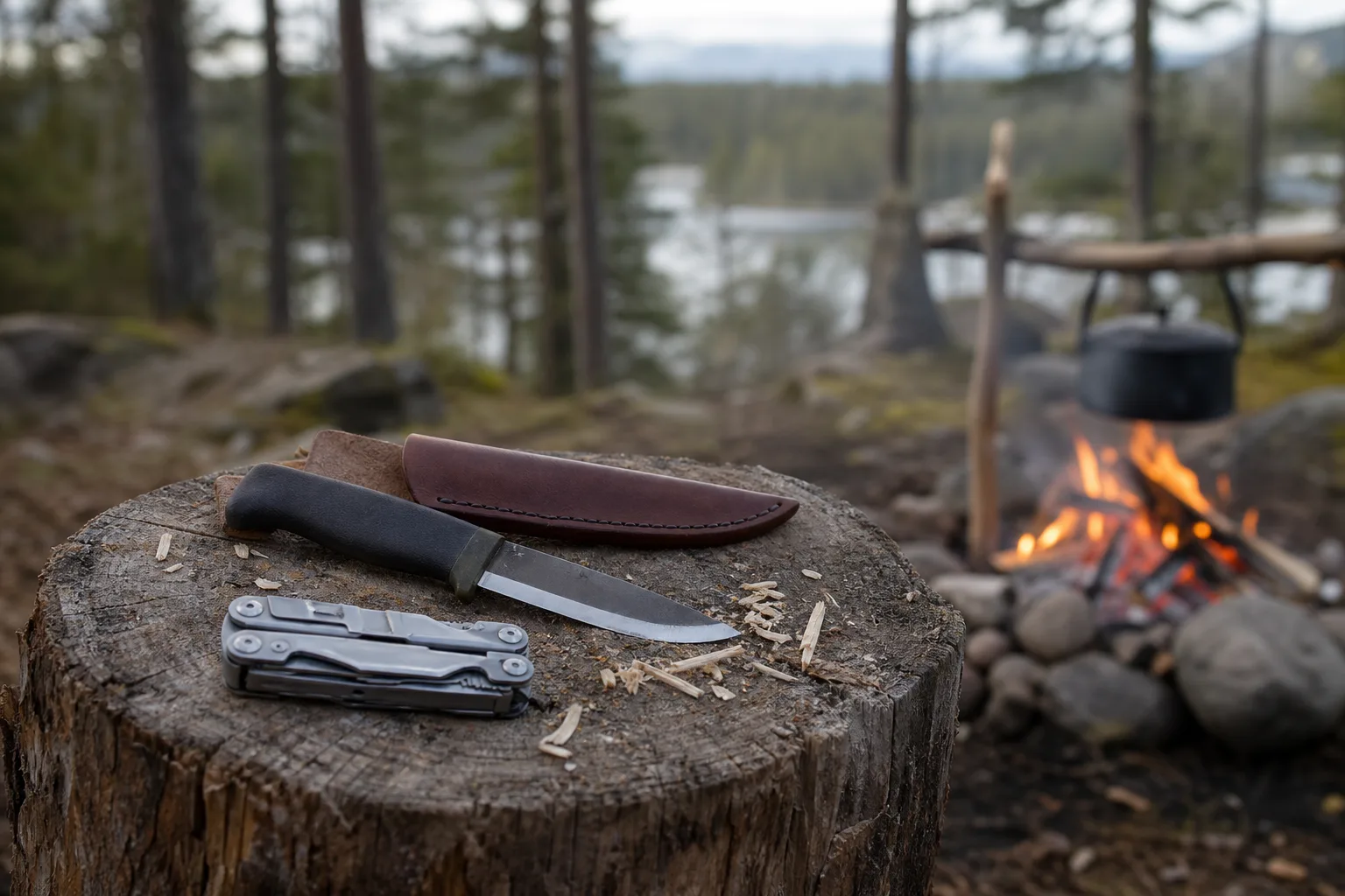 Friluftskniv och multiverktyg på en trästubbe vid ett lägerbål