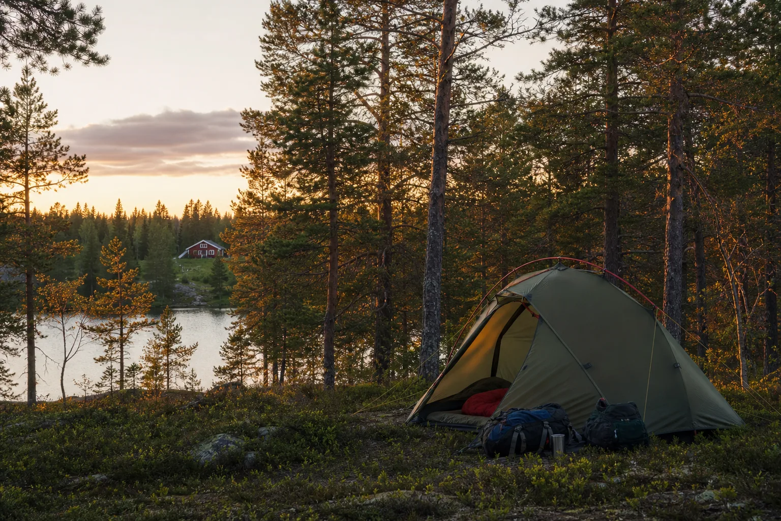Litet tält uppslaget i skogsbryn med respektfullt avstånd till en röd stuga i bakgrunden