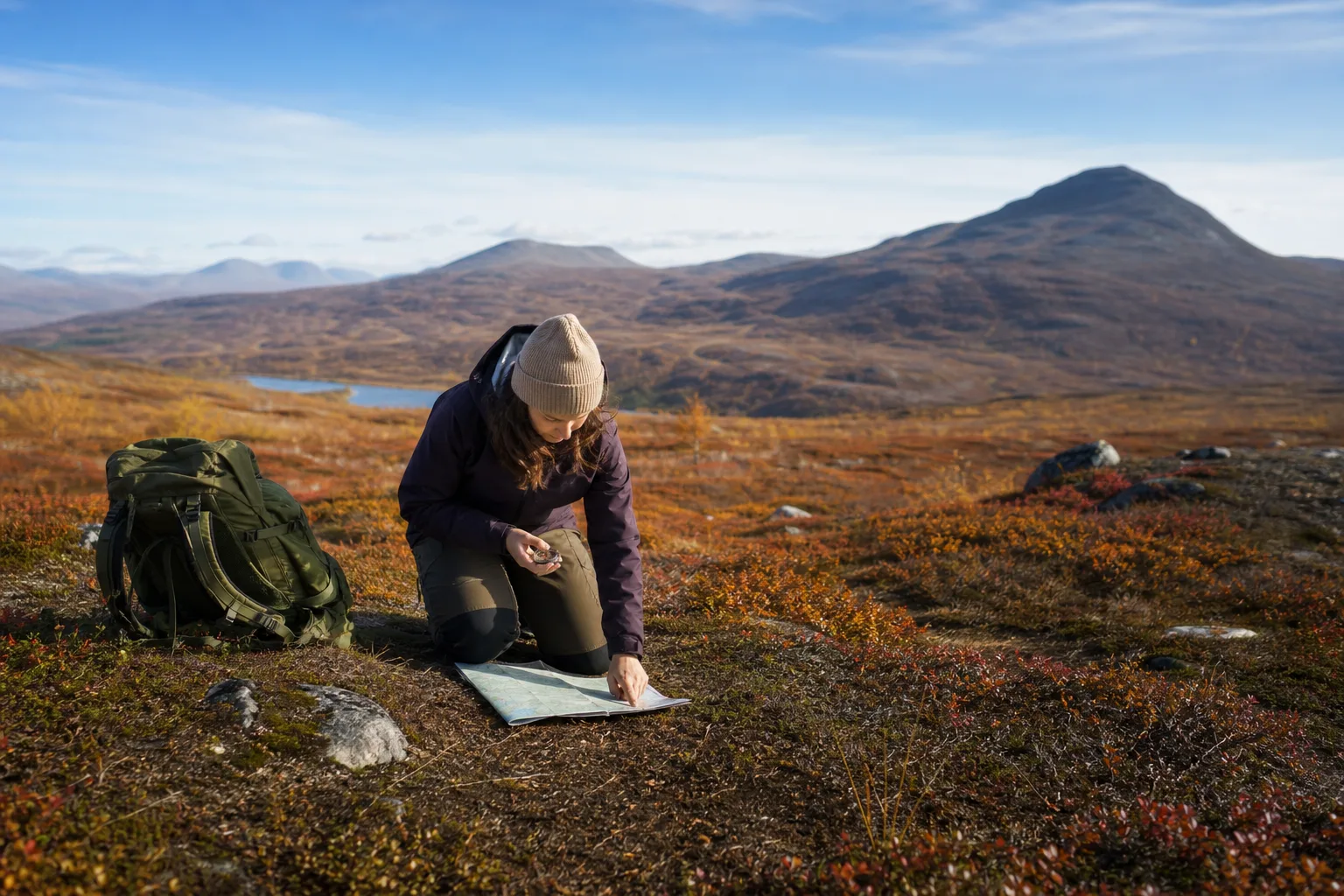 Fjällvandrare på en stig i höstfärgat ris med klarblå himmel