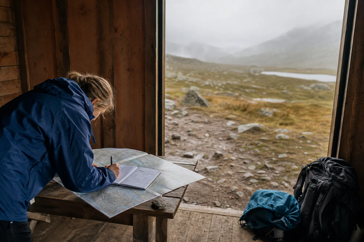 Vandrare läser en fjällkarta vid en gästbok i ett rastskydd med mulet fjällväder i bakgrunden