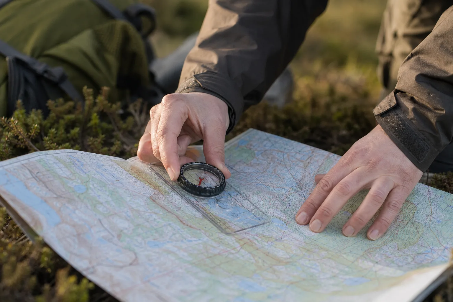 Hand som håller en linjalkompass ovanpå en utvikt topografisk fjällkarta i friluftsljus