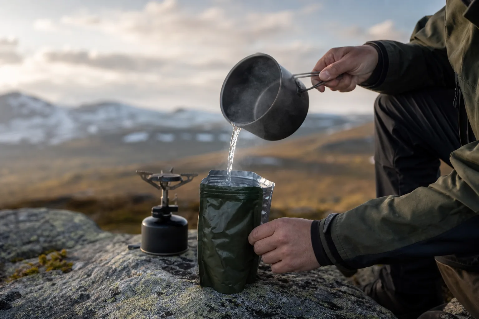 Frystorkad måltid tillagas i en påse med hett vatten vid ett stormkök utomhus