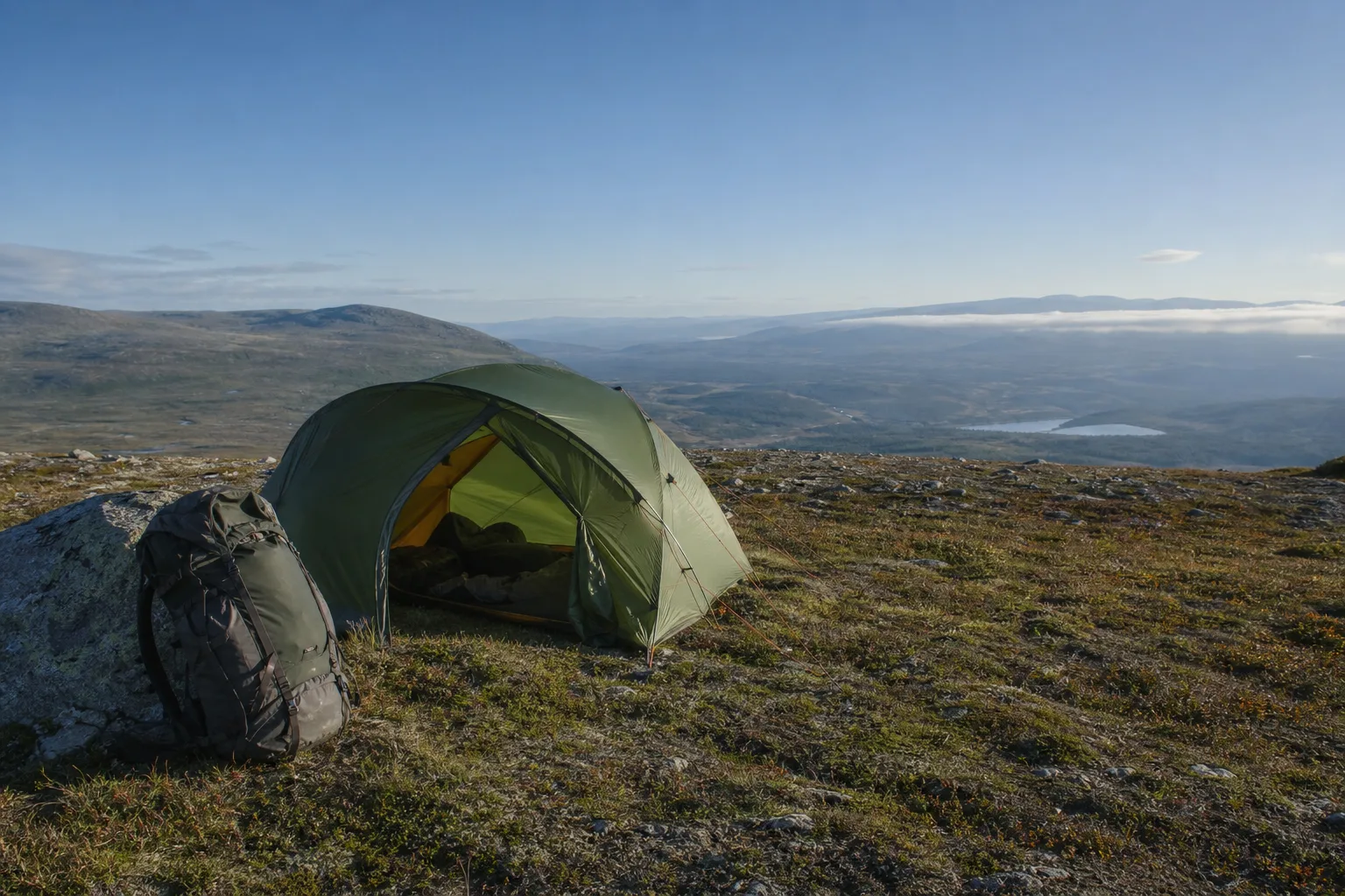 Fjälltält och packad ryggsäck på en kal fjällhed med utsikt över dalgång