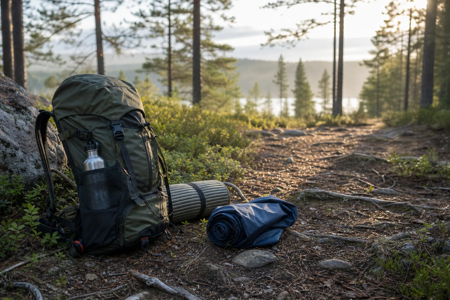 Packad dagsryggsäck med sittunderlag, vattenflaska och regnjacka utlagd på en stig