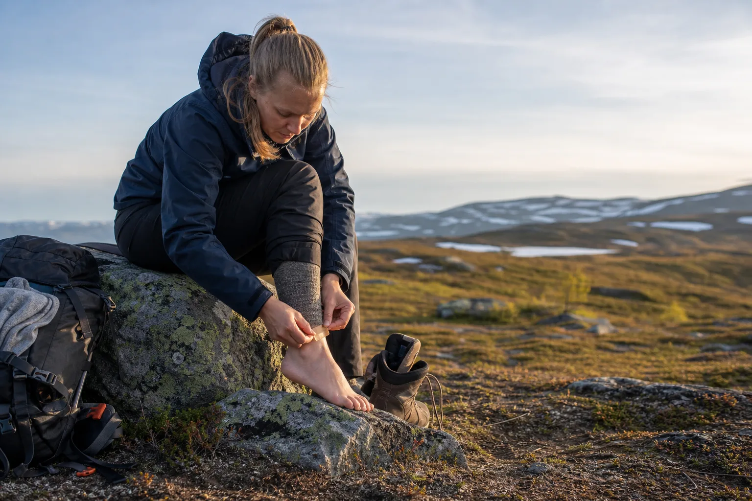 Vandrare sätter på ett skavsårsplåster på hälen efter en paus på leden