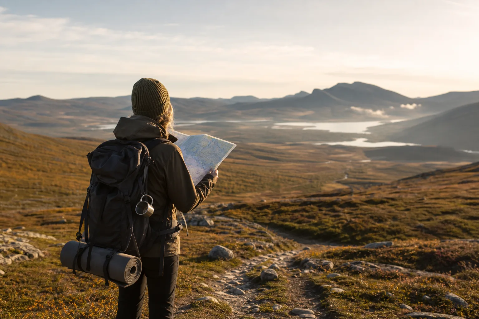 Ensam vandrare går längs en markerad fjälled med karta i handen