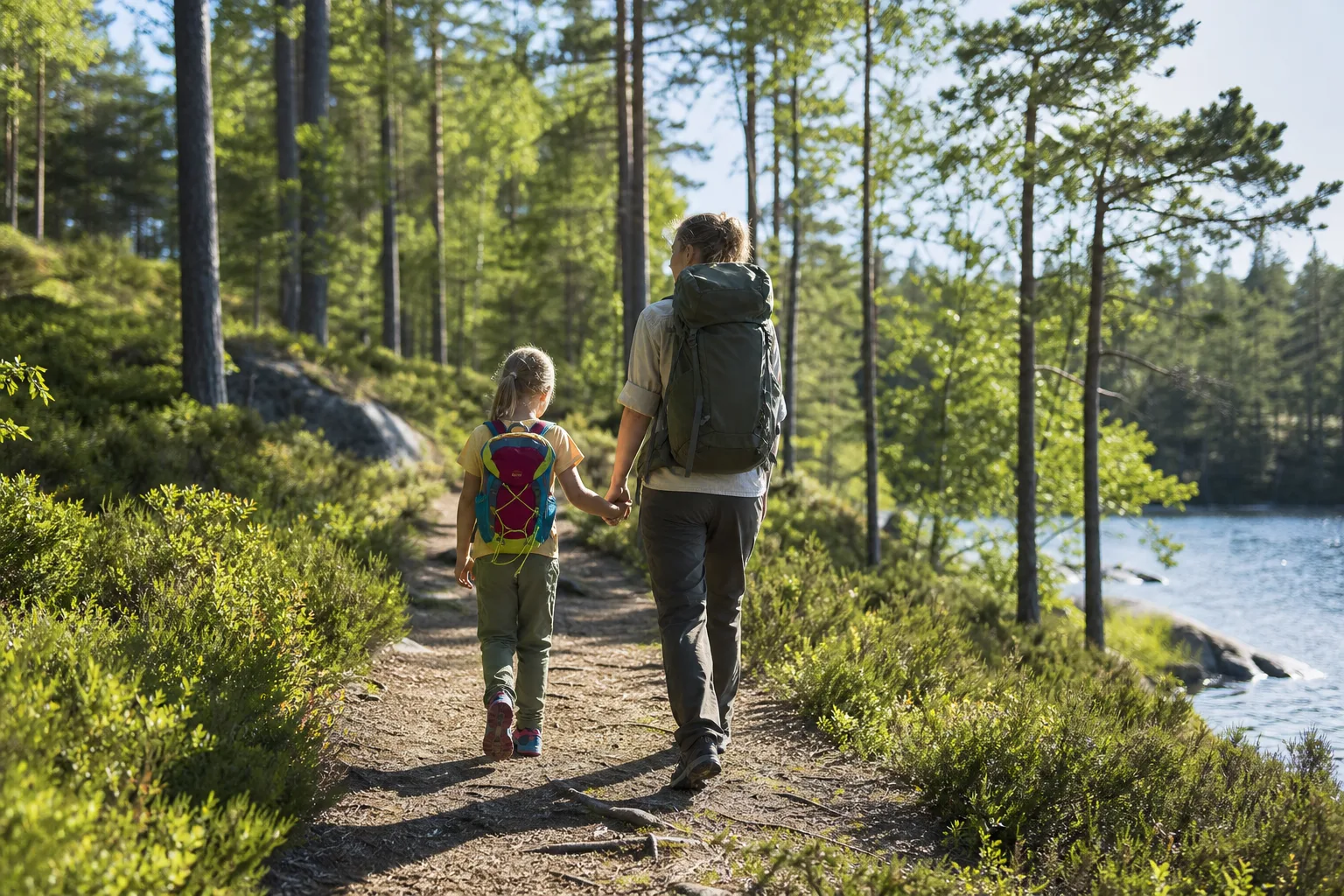 Barn med liten ryggsäck går hand i hand med förälder på en tydlig skogsstig i sommarväder