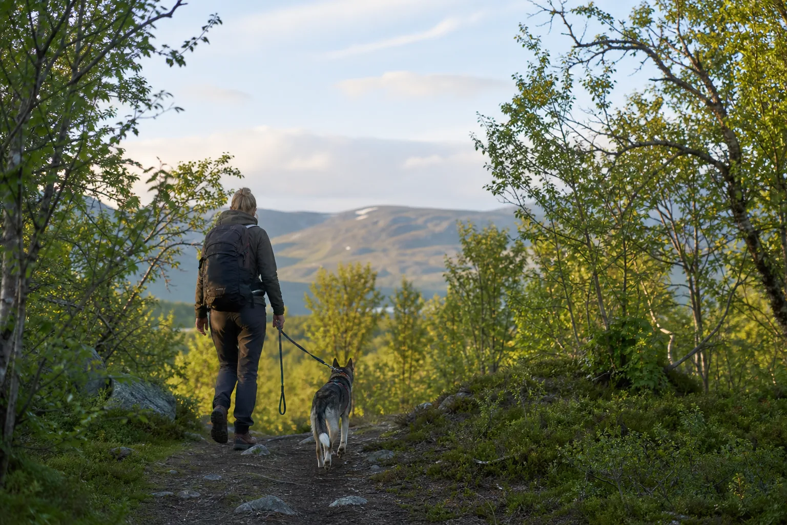 Vandrare går på en skogsstig med kopplad hund vid sin sida