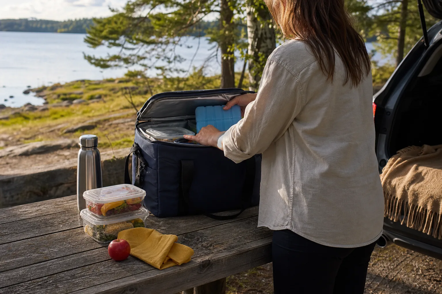 Packad kylväska med matlådor och kylklampar på ett bord inför en utflykt