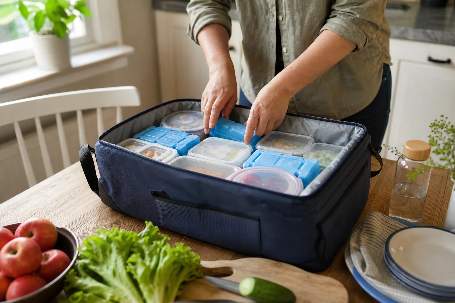 Kylklampar och matlådor packas tätt i en öppen kylväska på ett köksbord