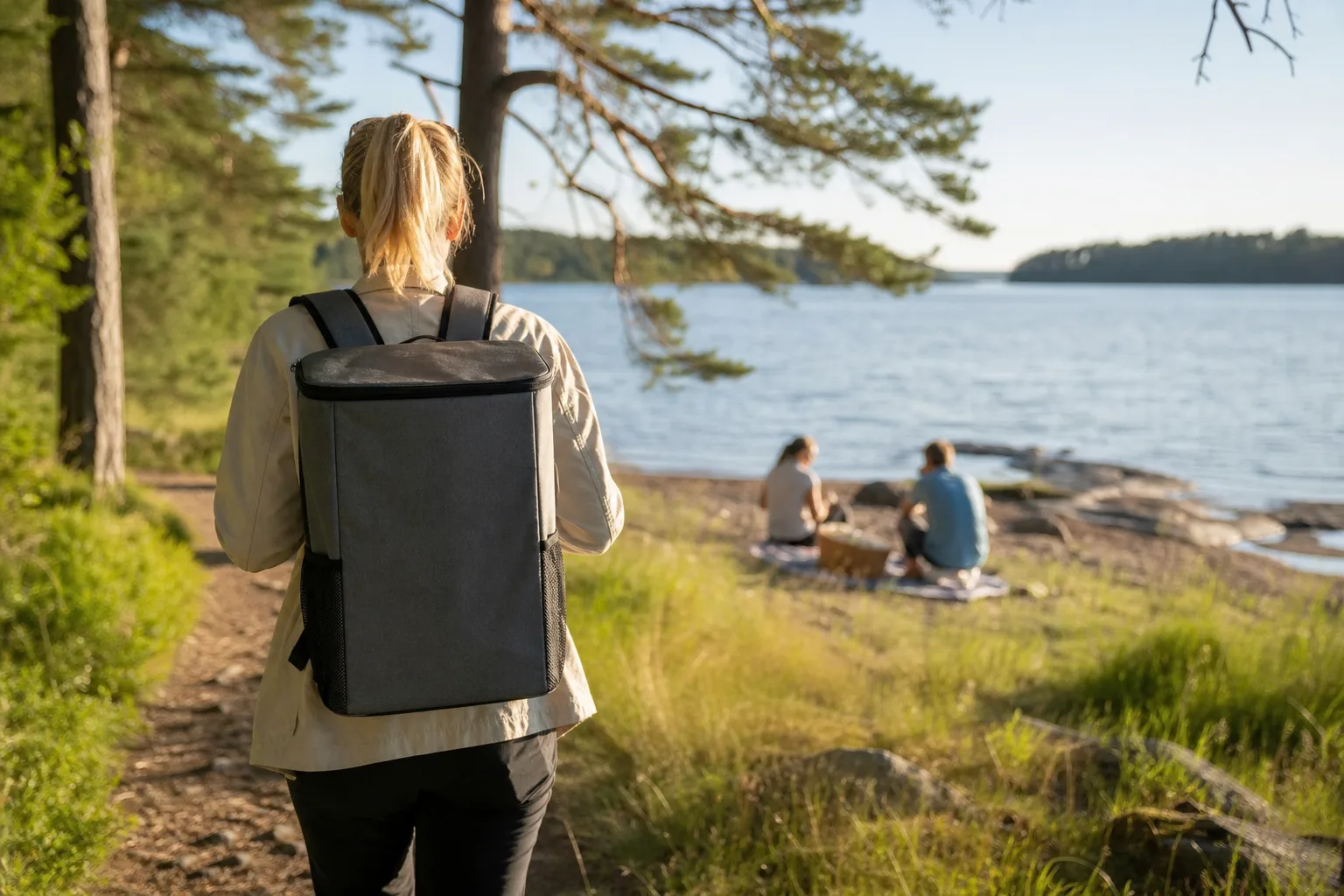 Kylväska buren som ryggsäck under en promenad utomhus en solig dag