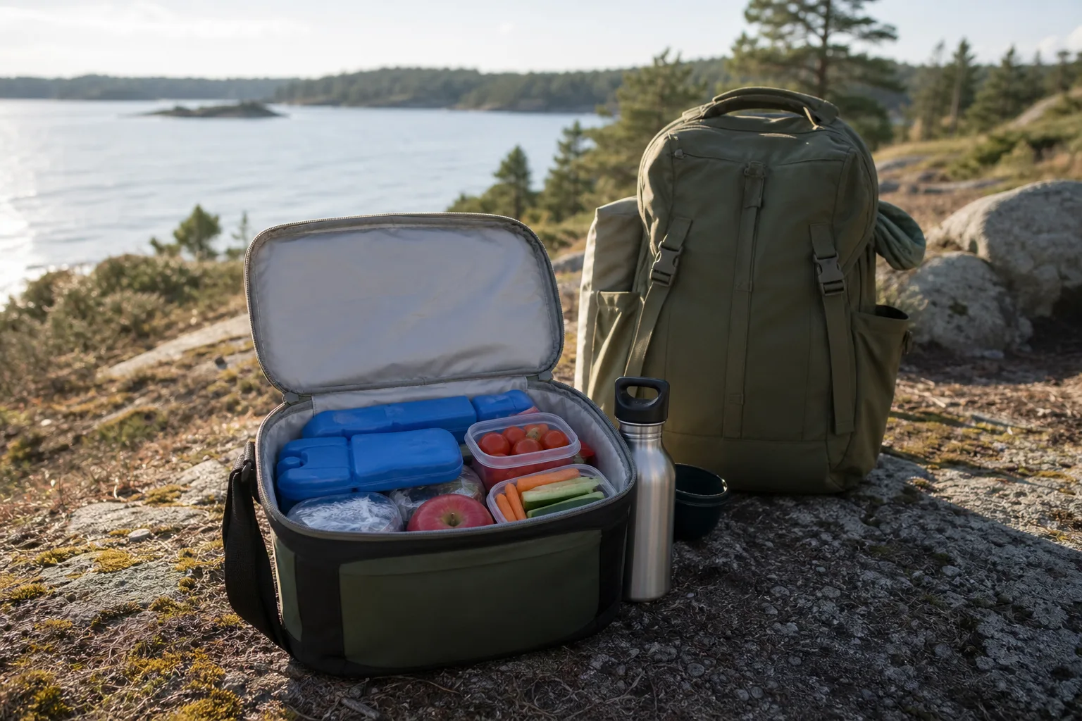Mjuk kylväska med matsäck packad bredvid en ryggsäck utomhus