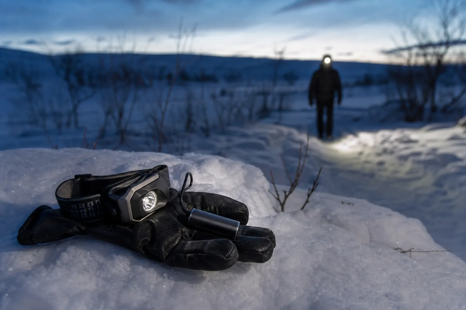 Pannlampa och laddningsbart batteri på en handske i snöig vinterterräng