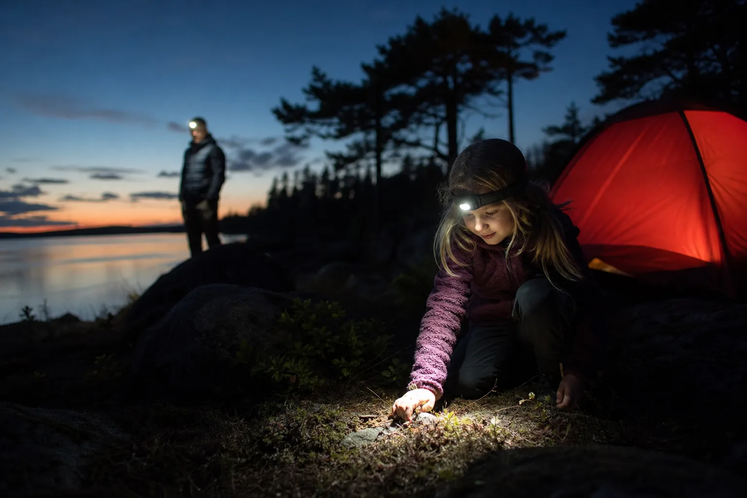 Barn med lätt pannlampa utanför tält i skymning, förälder i bakgrunden