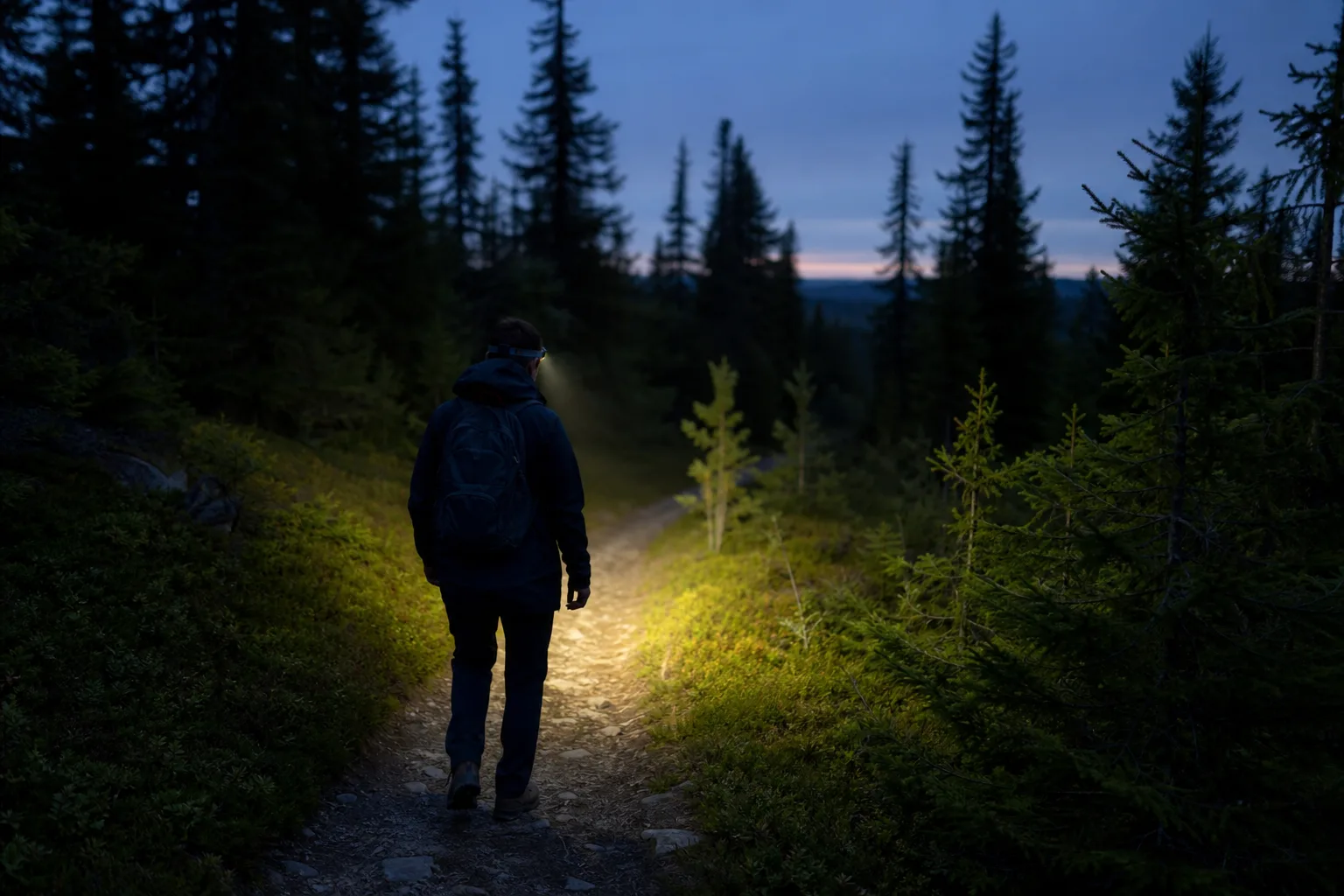 Pannlampa tänd i skymning på en stig i skogen