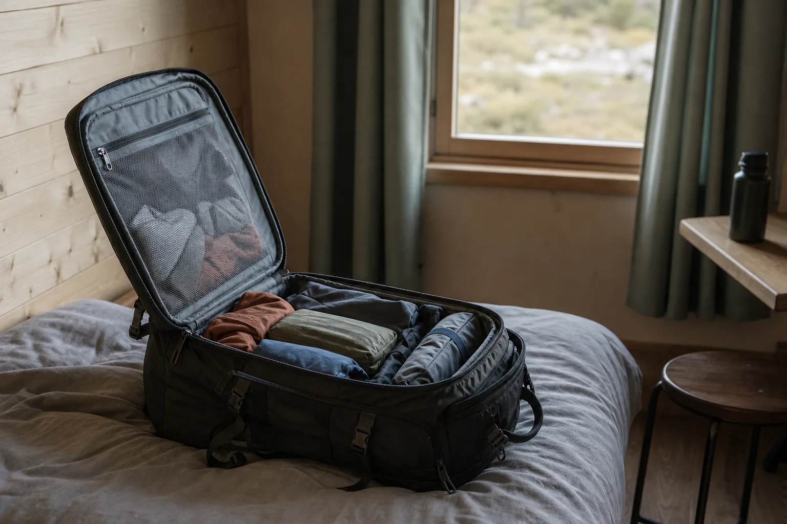 Reseryggsäck med panelöppning öppnad likt en resväska på ett hostellrum
