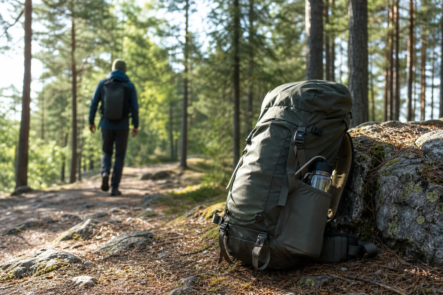 Dagstursryggsäck med sidoficka för vattenflaska på en stig i barrskog