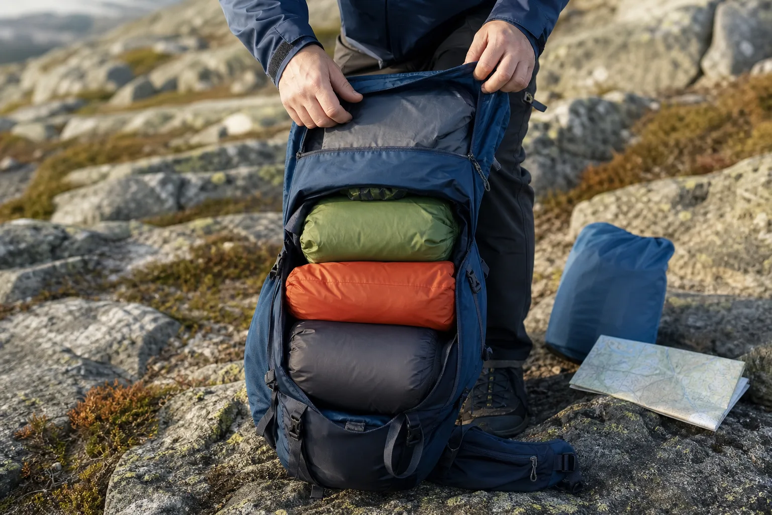 Vandringsryggsäck som packas i lager med sovsäck i botten och packpåsar i mitten