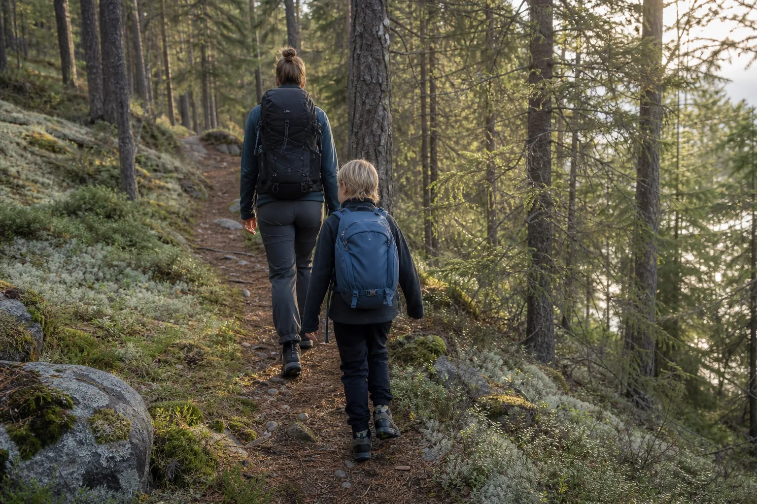 Barn med liten ryggsäck justerad med bröstrem på en skogsstig inför en familjeutflykt