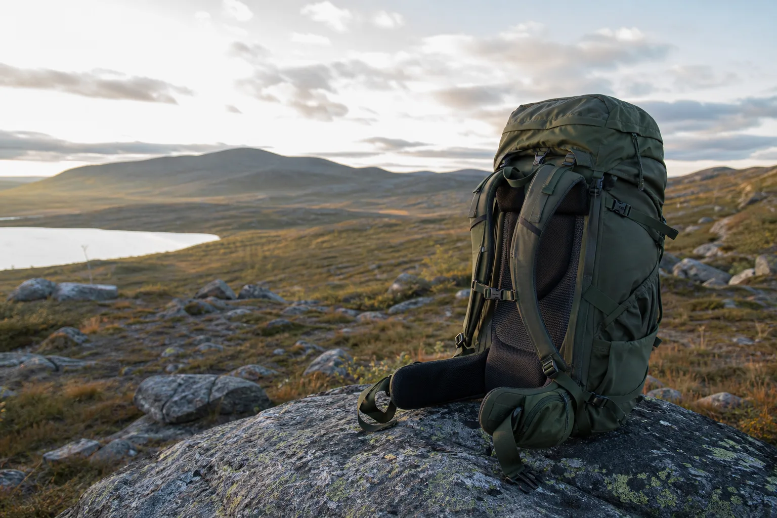 Vandringsryggsäck med justerat höftbälte och packade kompressionsremmar på en klippa i fjällterräng