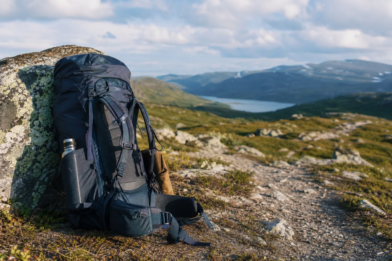 Packad vandringsryggsäck som står lutad mot en sten vid en fjällstig