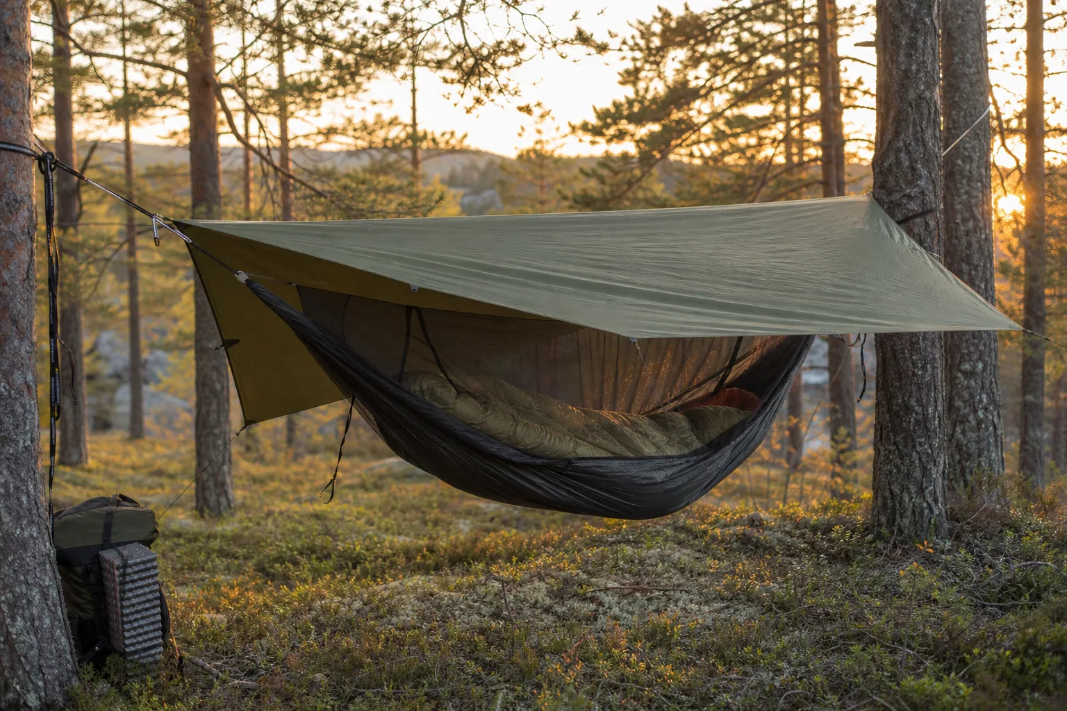 Hängmatta med tarp och myggnät uppspänd mellan två träd i svensk skog under sommarkväll