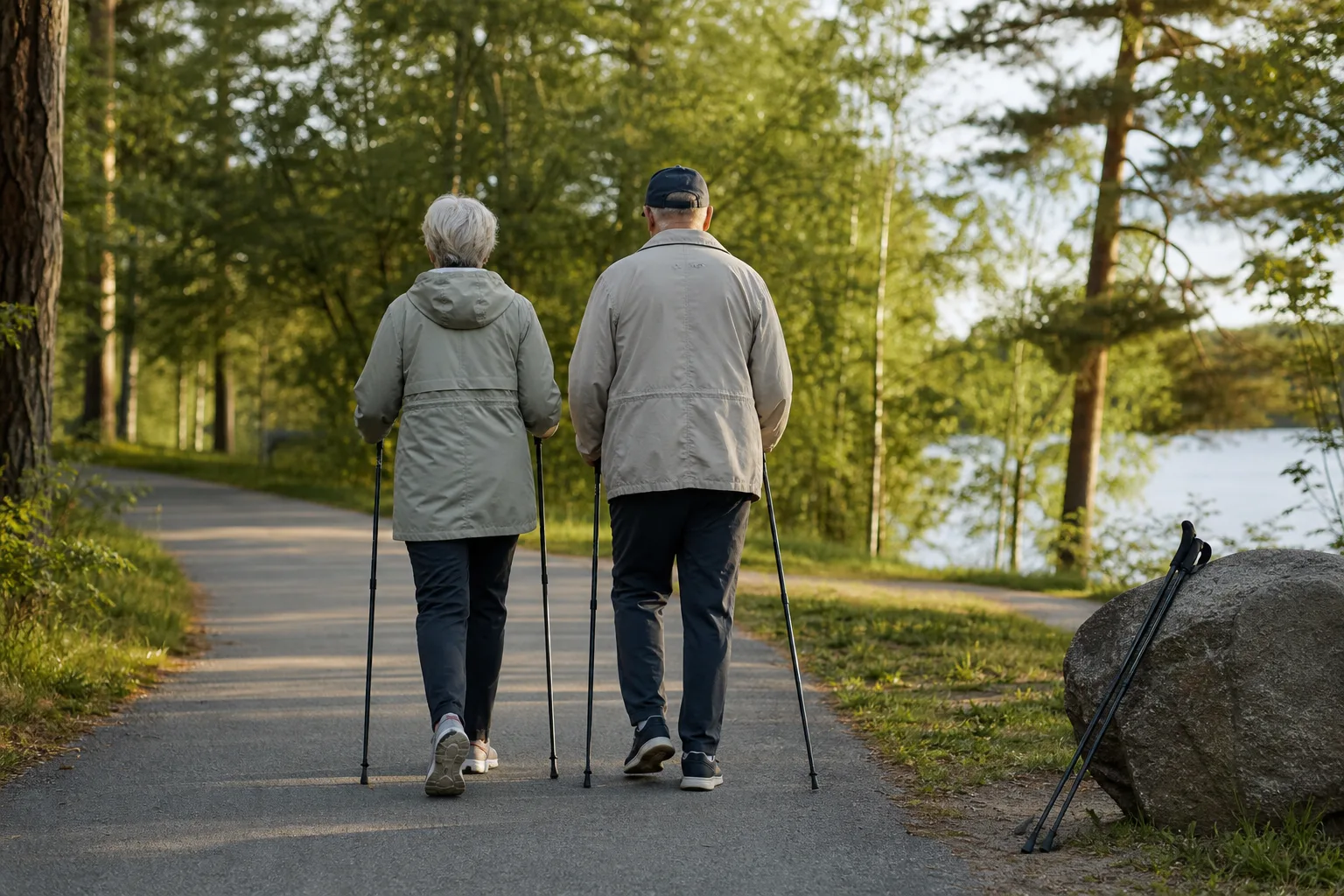 Äldre par promenerar tillsammans med gångstavar på en lugn asfalterad gångväg i parkmiljö