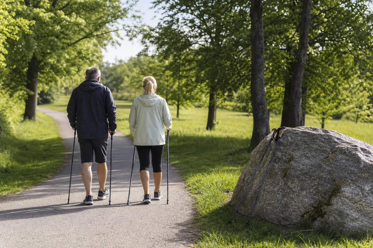 Par som promenerar med gångstavar på asfalterad gångväg i park