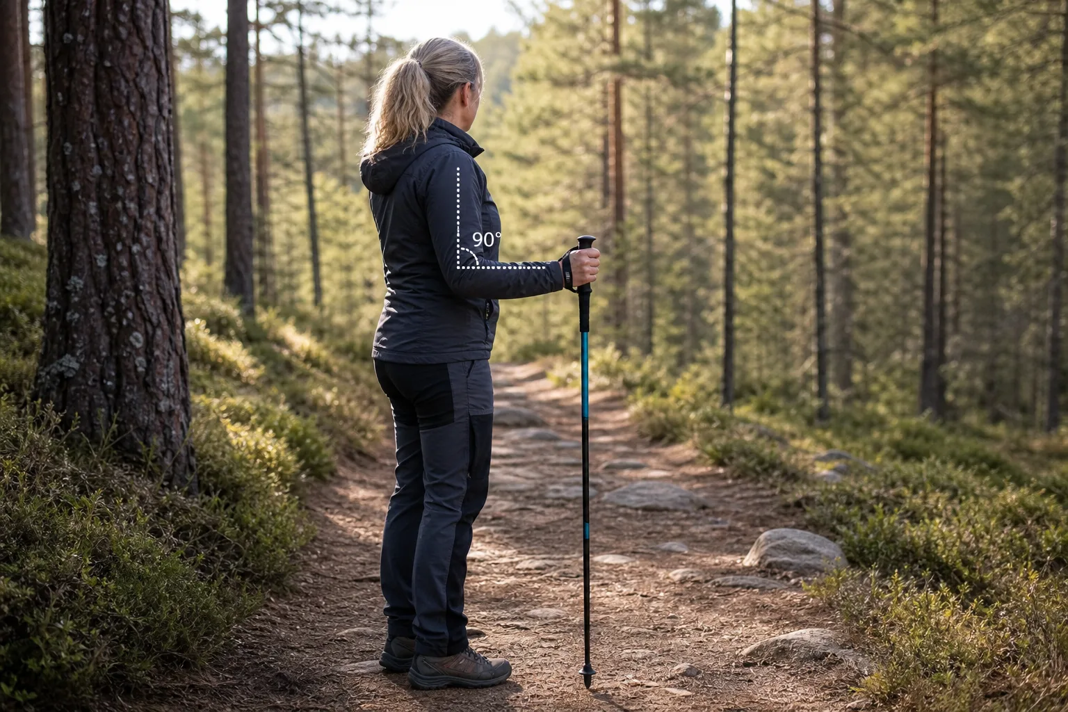 Vandrare kontrollerar armbågsvinkeln med en vandringsstav lodrätt i handen på stig