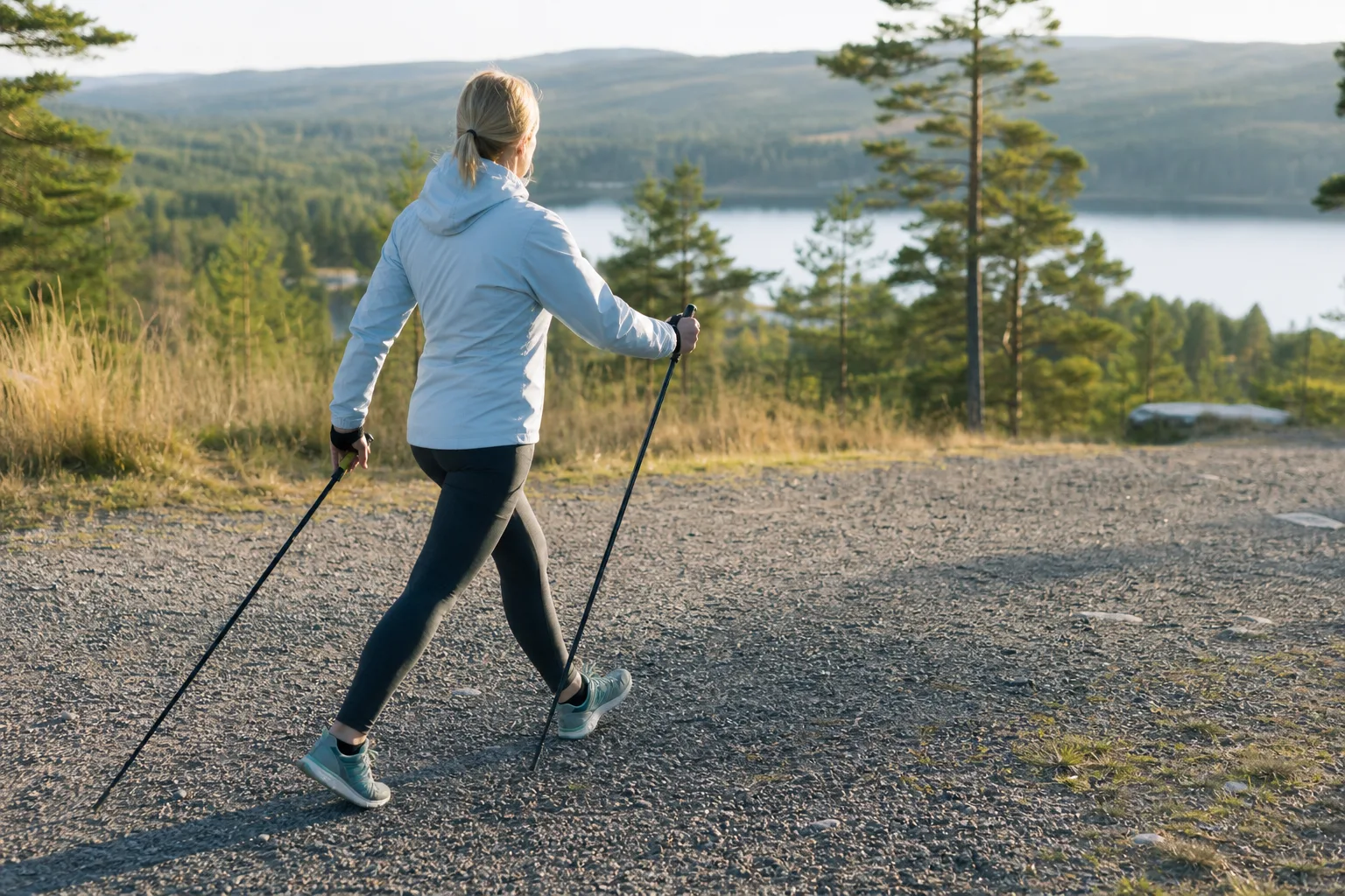 Person utövar stavgång på grusväg med diagonal arm- och benrörelse, stav placerad snett bakom foten