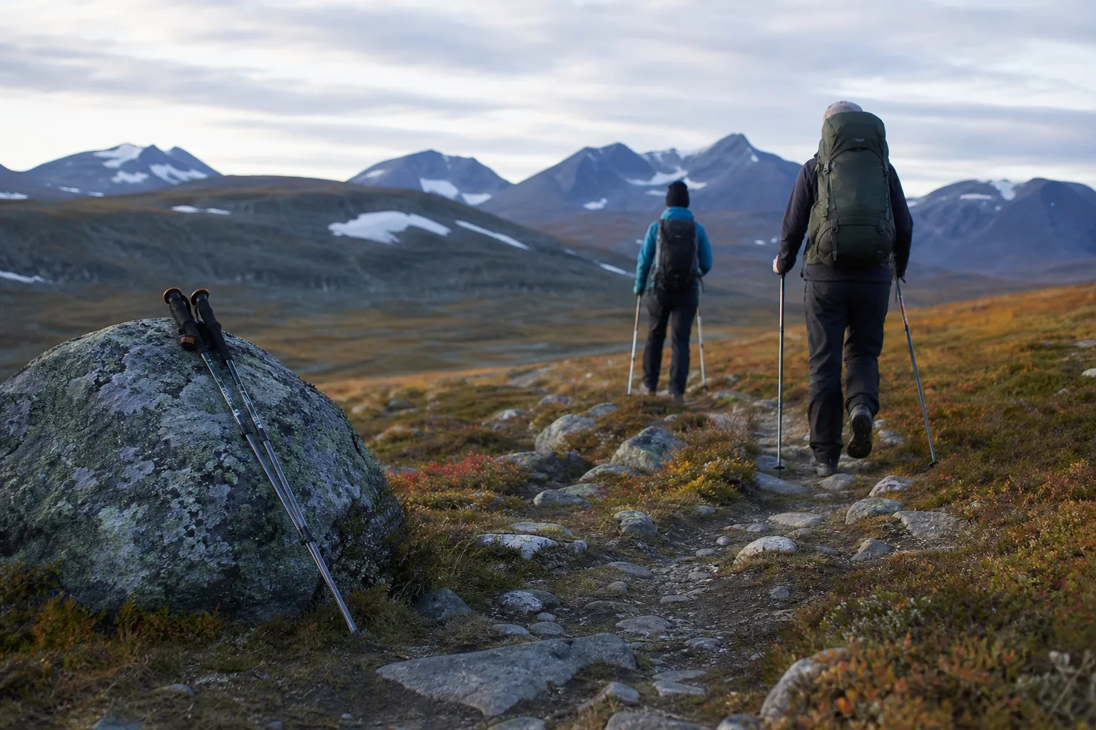 Vandrare använder teleskopiska vandringsstavar i karg fjällterräng med bergstopp i bakgrunden
