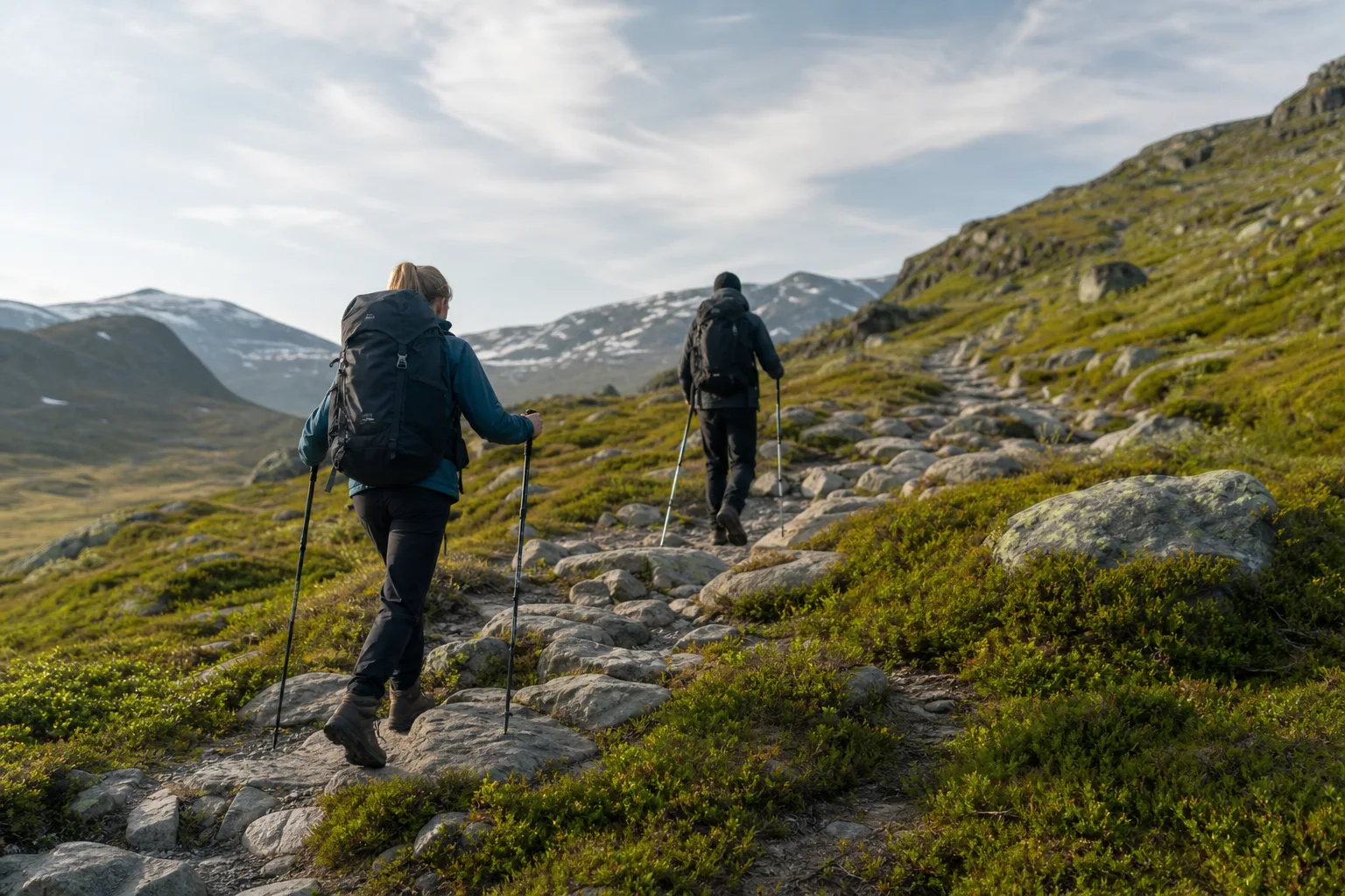 Vandrare använder vandringsstavar på en stenig stig i fjällterräng